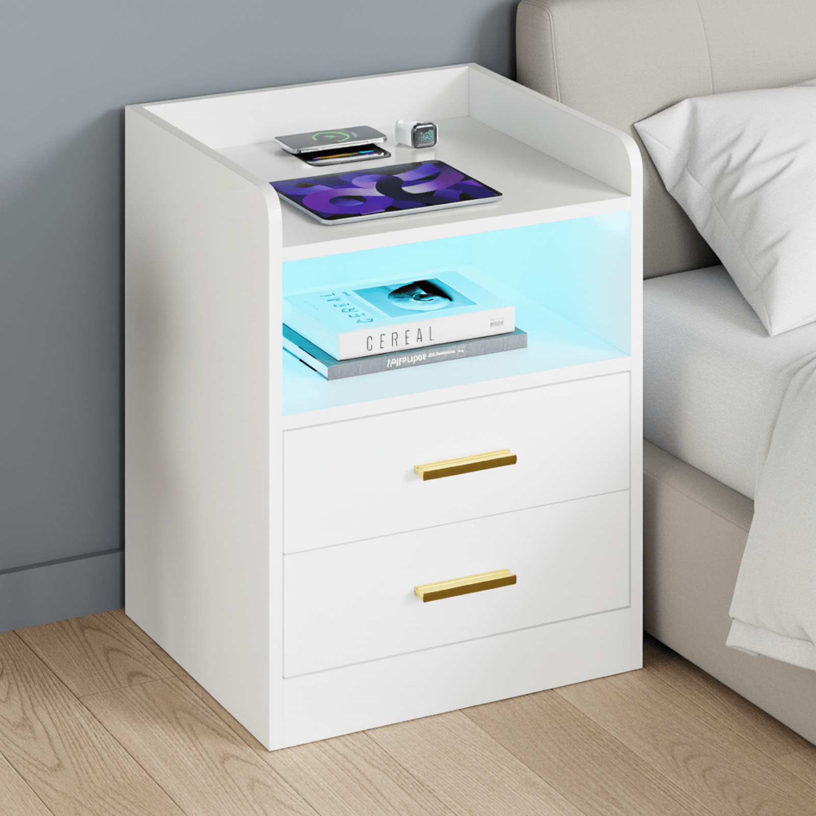 TEMU Advwin Bedside Table With Led Touch Screen And Human Induction Nightstand Wooden Chest Of 2 Drawers And Storage Shelf, Wirelesscharging Station