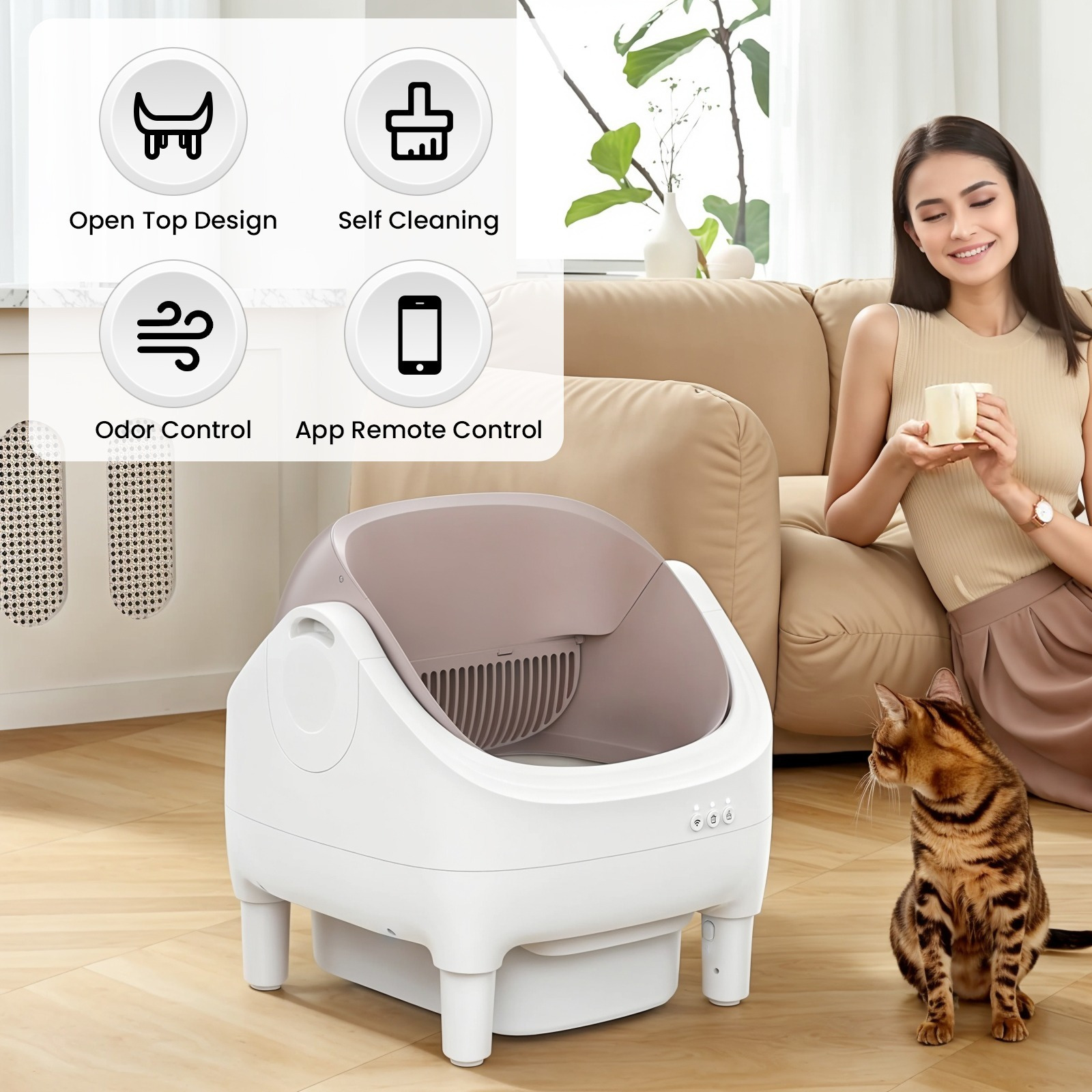 Advwin Self Cleaning Cat Litter Box Open Design, Automatic Litter Scooping Robot With Garbage Bags And Litter Mat, Anti Pinch, Odor-Seal, Extra Large Cleaning Cat Litter Tray For Multi Cats Kitty