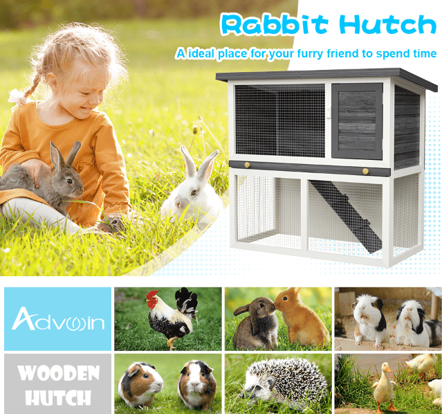 Advwin Rabbit Hutch Wooden Chicken Coop, Spacious Mesh Wire Enclosed Cage Outdoor, Pull Out Tray&Easy Clean For Bunnies, Chickens, Guinea Pigs, Rabbit