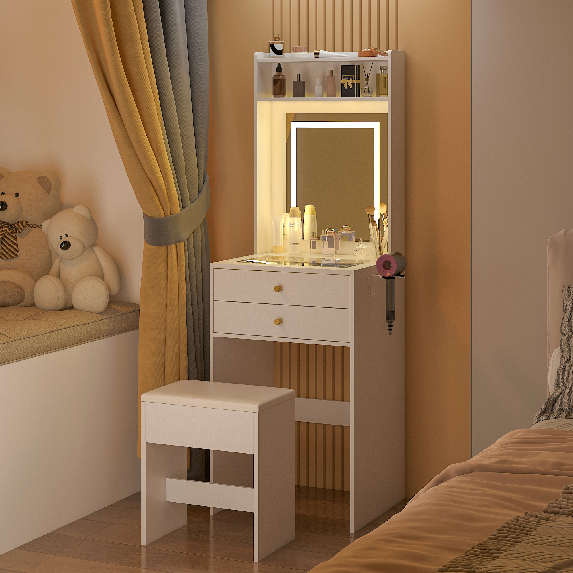 TEMU Dressing Table With Glass Desktop, Mirror And Light, Compact Makeup Vanity Desk With 2 Drawers And Stool, Hair Dryer Rack, Vanity Table For