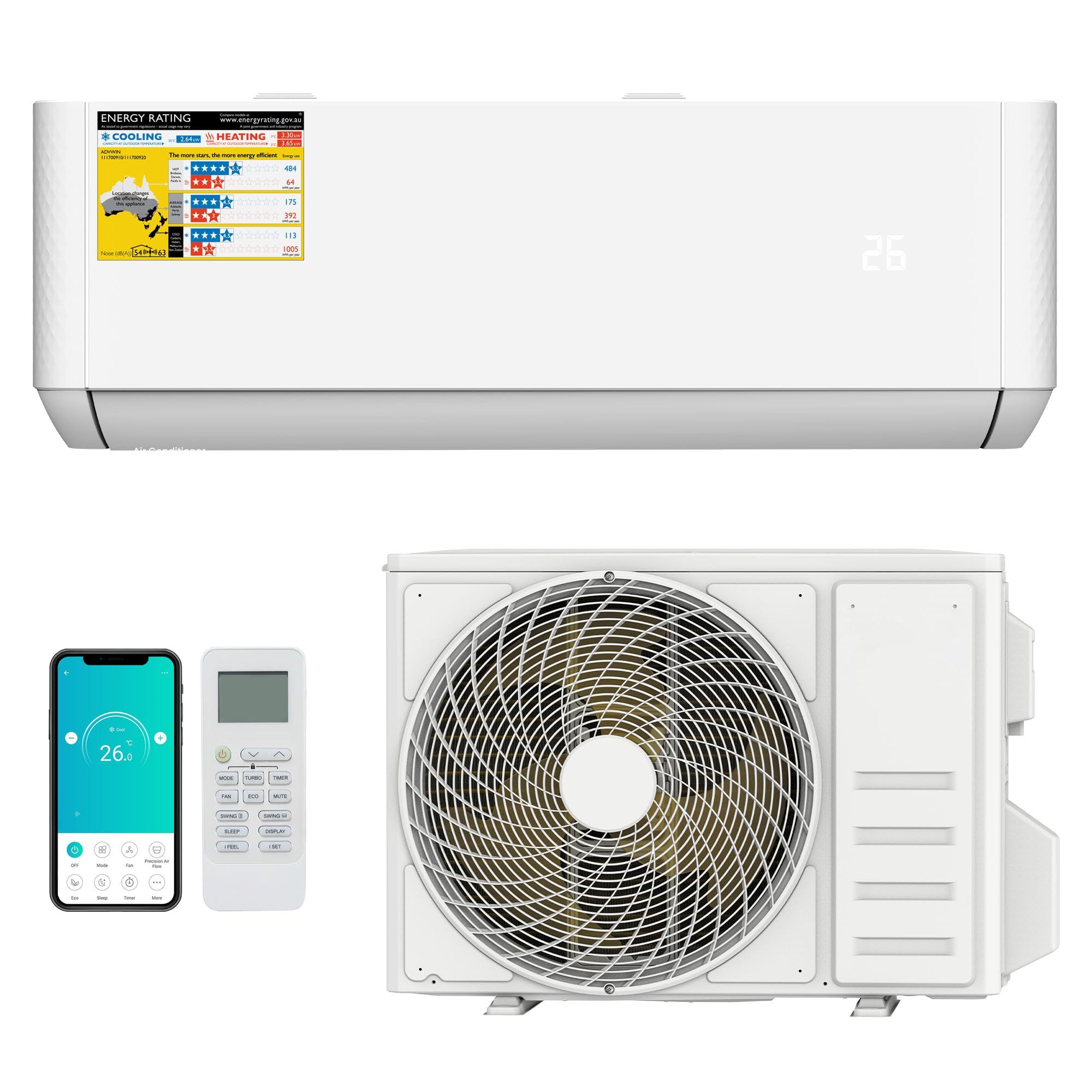 TEMU Advwin 2.64-3.3kw Inverter Split Conditioner, Reverse Cycle, Wifi & Alexa Compatible, , 3-in-1 Healthy Filter, Installation Kit Included