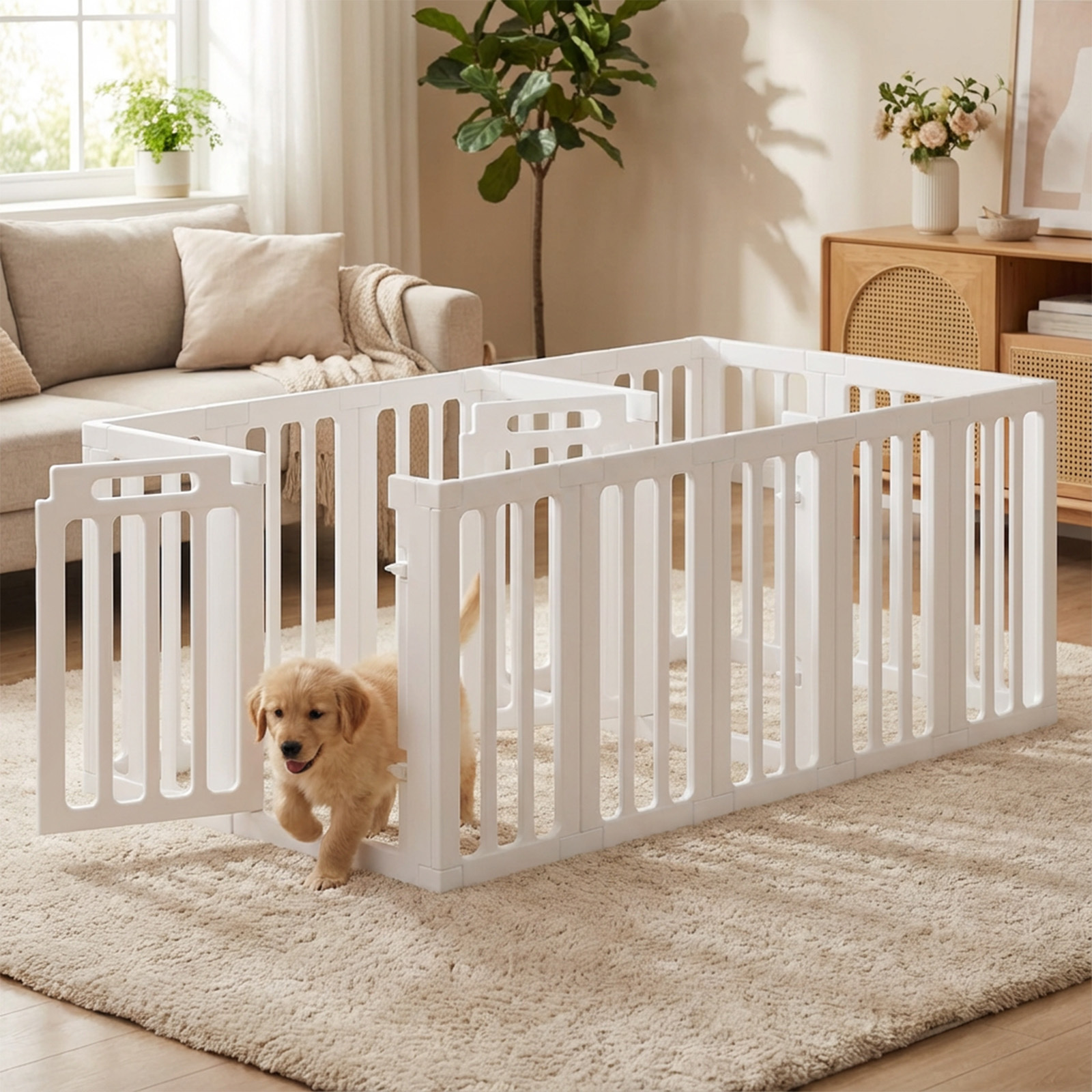 TEMU Pet Playpen With Lockable Door, Diy Hdpe Playpen For Small Animals & Puppies, Anti-slip Suction Cups, Indoor Outdoor Use