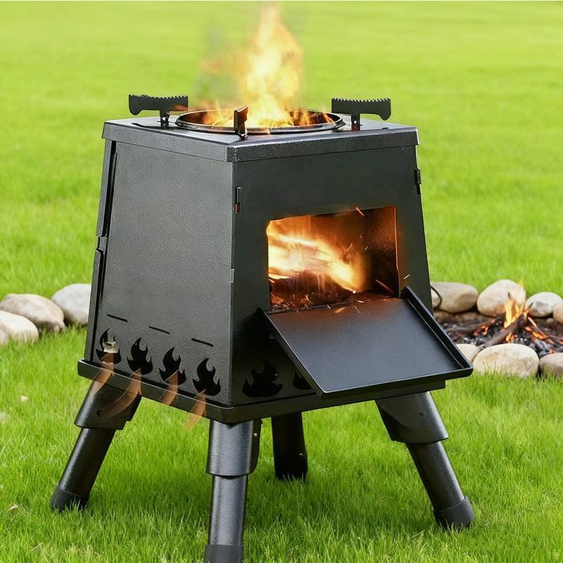 TEMU Portable Folding Fire Pit Stove - Compact Camping Fireplace With Opening, Ash Pan & Stability Legs - Heavy-duty Carbon Steel Outdoor Oven For