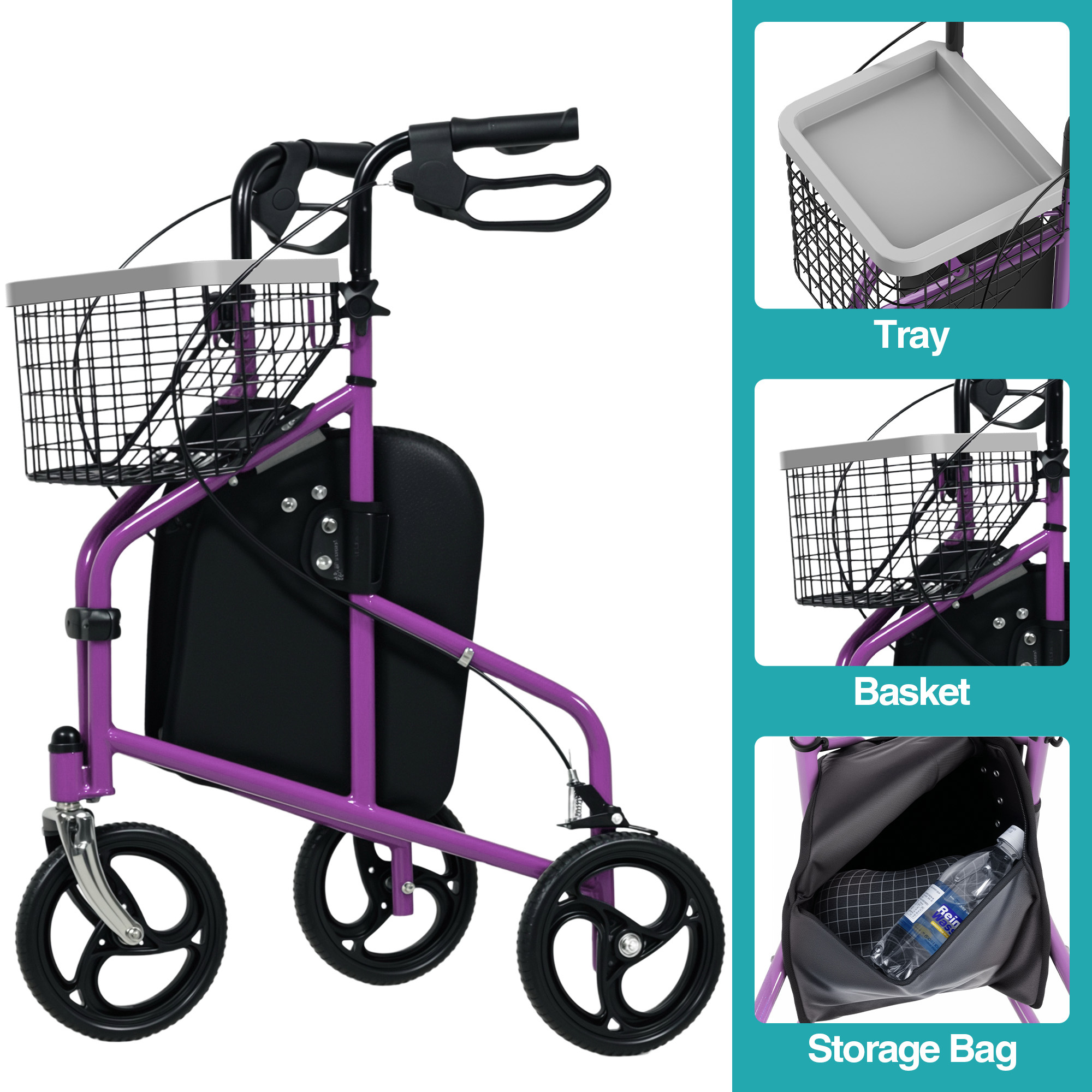Advwin Rollator Walker 3 Wheel, Mobility Aid with Basket and Tray, Foldable Premium Rolling Walker with Safe Dual Brake System for Seniors Elderly, Purple