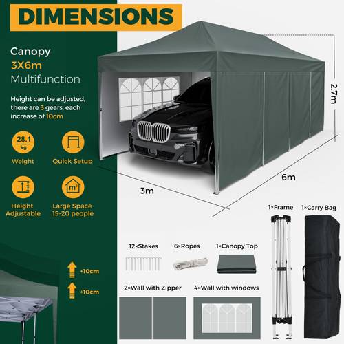 3*6 Up Canopy Tent, Easy Setup Canopy Tent with 6 , Waterproof Outdoor Gazebo for Parties Carport Vender Events Gray