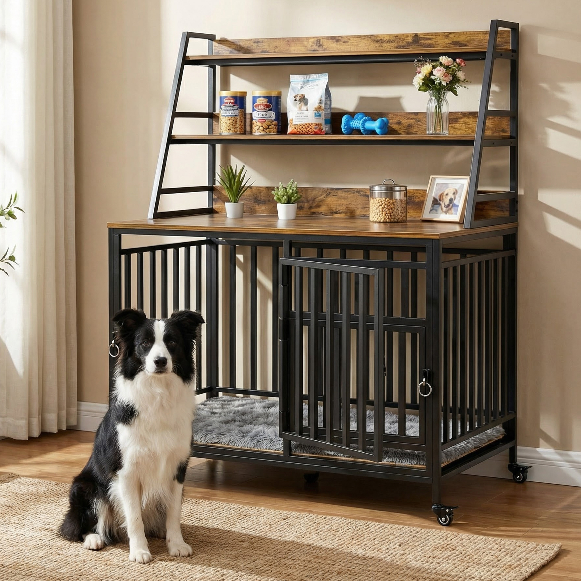 TEMU Advwin Dog Crate Furniture With Storage Shelves, Wooden Heavy Duty Pet House Chew Proof Metal Tube Cage For Large Dogs