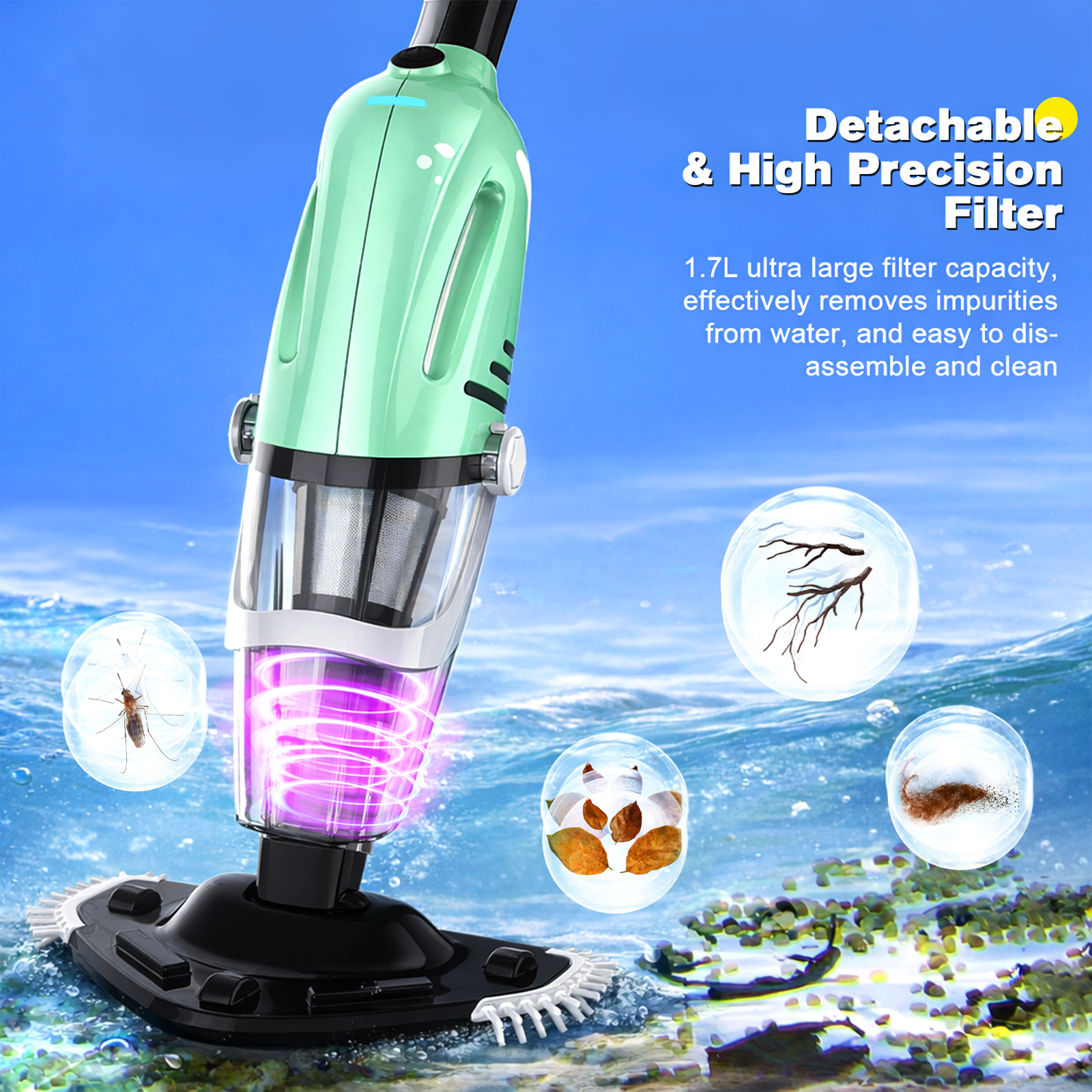 TEMU Advwin Cordless Pool Vacuum, Handheld Pool Cleaner With Telescopic Pole, Powerful Rechargeable Pool Vacuum, 120l/ Rate, Deep Cleaning For Pools,