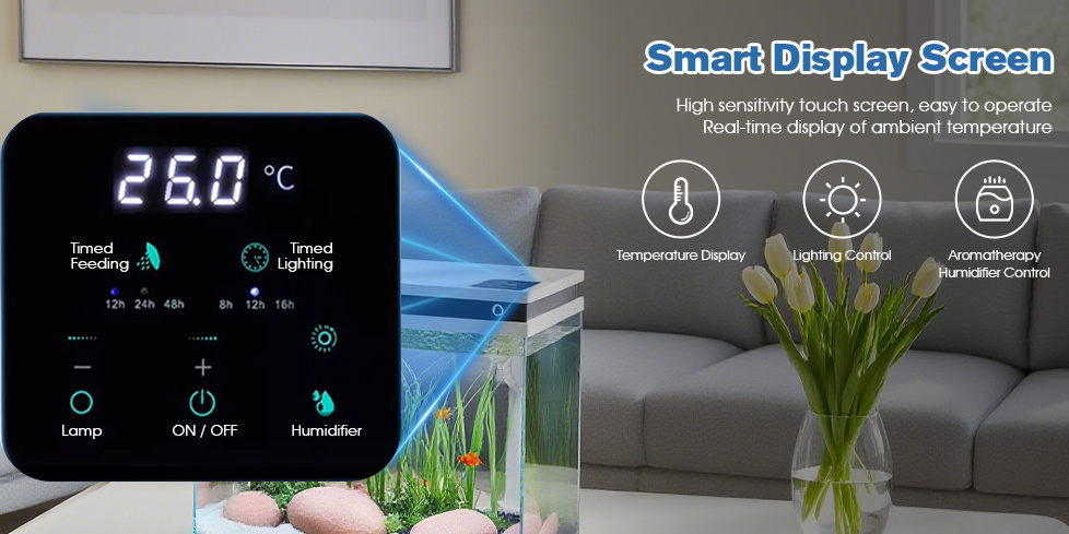 Advwin 41L Smart Fish Tank Aquarium Kit With Automatic Feeding & Humidifier, 4 In 1 Silent Pump With Multi-Layer Filtration & Aeration & Circulation, Temperature Display, 8 Colors Lighting