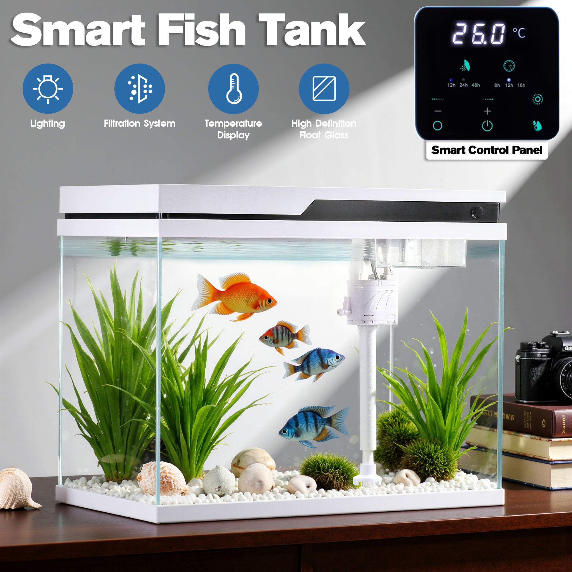 Advwin 41L Smart Fish Tank Aquarium Kit With Automatic Feeding & Humidifier, 4 In 1 Silent Pump With Multi-Layer Filtration & Aeration & Circulation, Temperature Display, 8 Colors Lighting