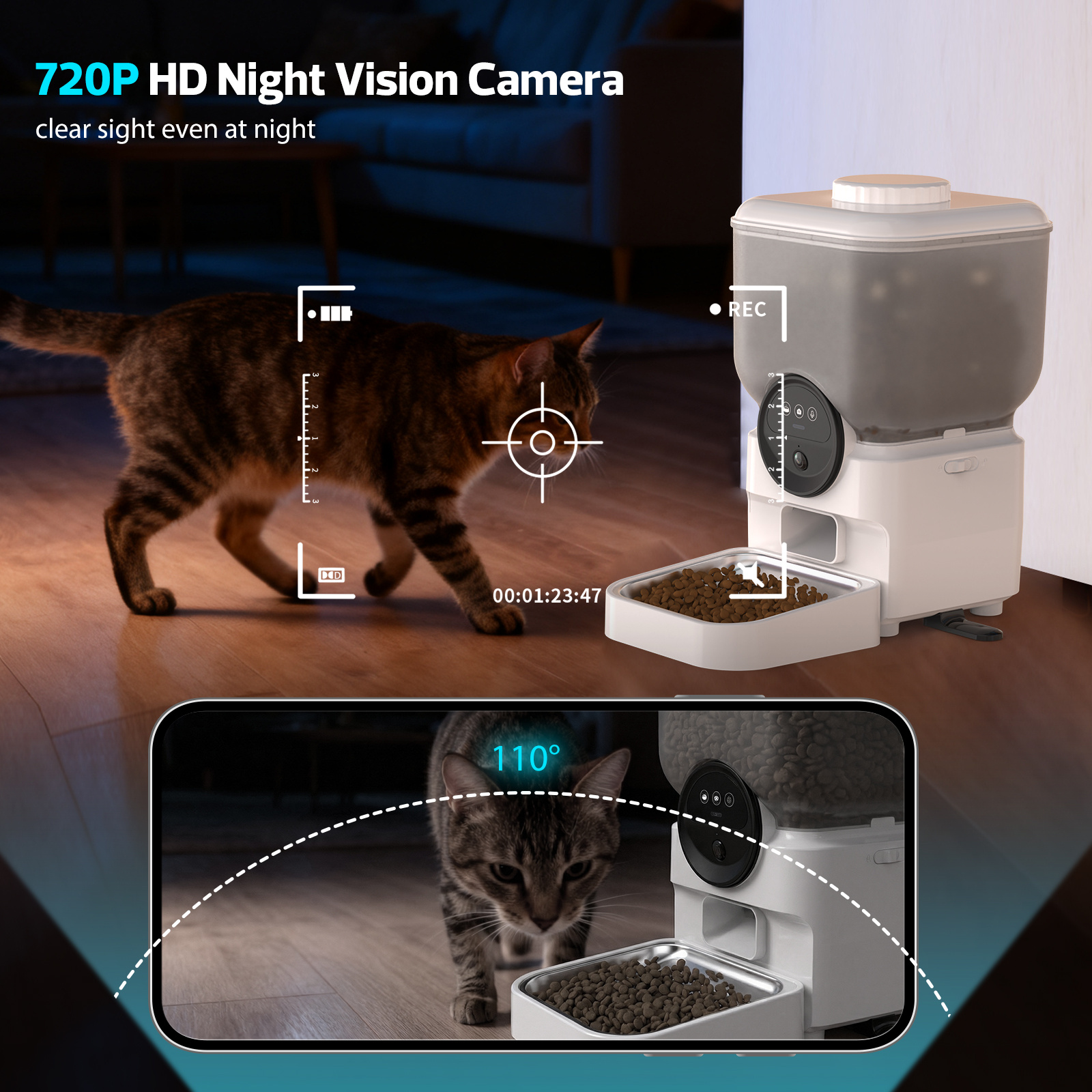 Advwin 7L Automatic Cat Feeder With 720P Camera, APP Control, Large Capacity, Two-Way Audio, Night Vision, Rechargeable Design For Cats & Small Dogs - Image 3