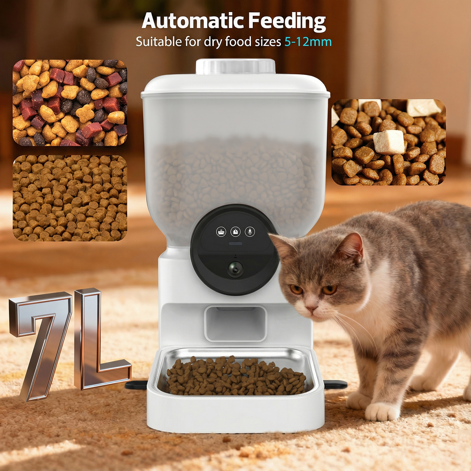 Advwin 7L Automatic Cat Feeder With 720P Camera, APP Control, Large Capacity, Two-Way Audio, Night Vision, Rechargeable Design For Cats & Small Dogs