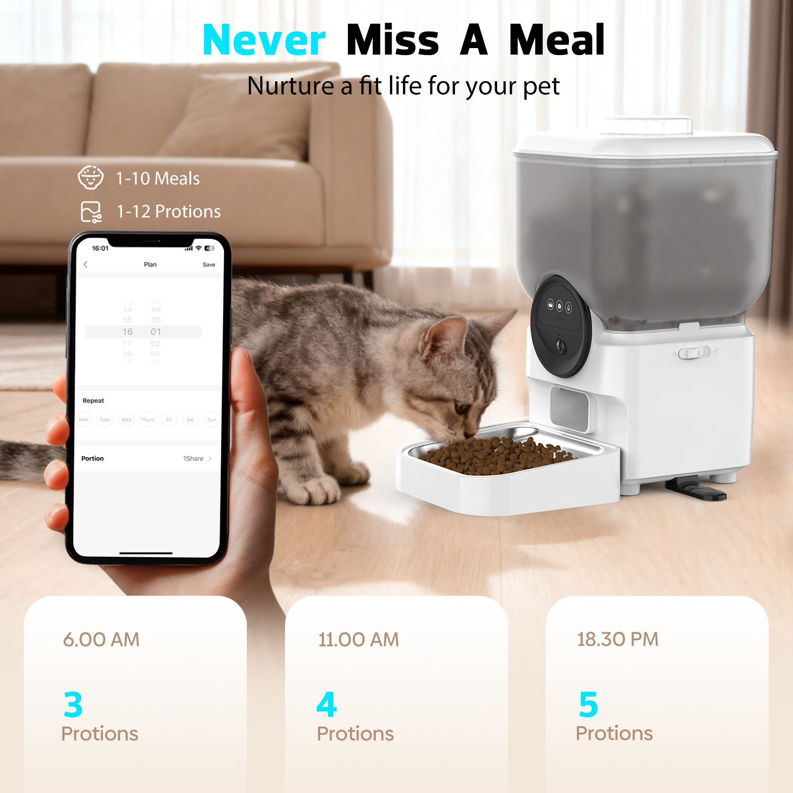 Advwin 7L Automatic Cat Feeder With 720P Camera, APP Control, Large Capacity, Two-Way Audio, Night Vision, Rechargeable Design For Cats & Small Dogs - Image 4