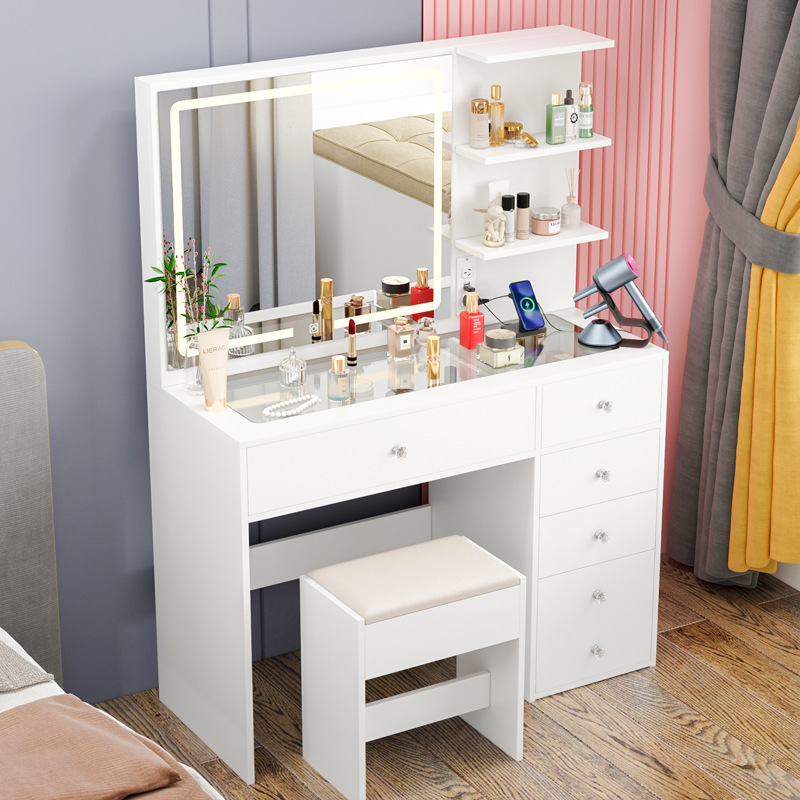 TEMU Dressing Table With Mirror And Lights, Makeup Vanity Table With Drawers & Shelves & Glass Desktop, Vanity Desk Set With Led Strip And Charging