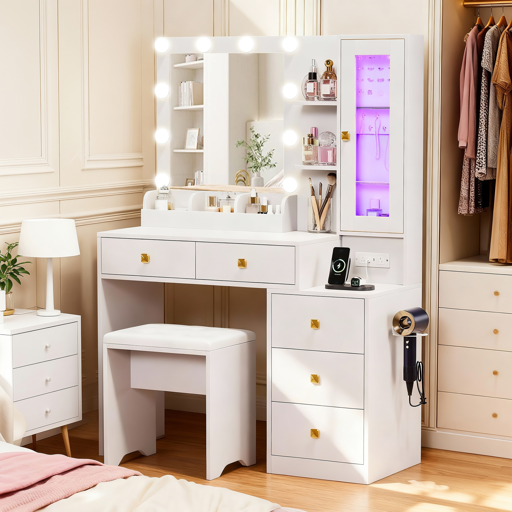 TEMU Advwin Rgb Ambient Light Makeup Vanity Table Set With Charging Station, Adjustable Mirror Lights, 5 Drawers & Glass Cabinet For Girls Bedroom,