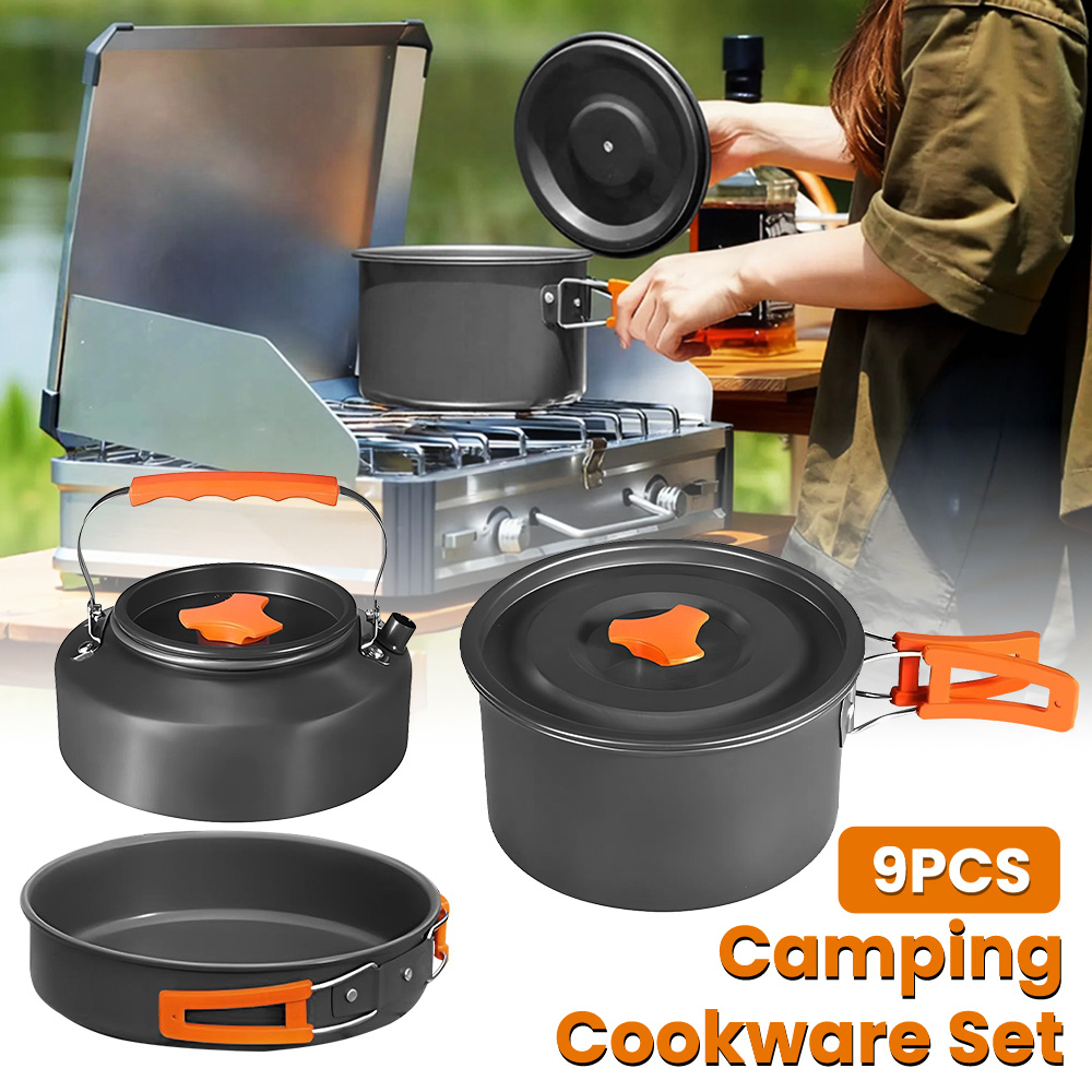 9pcs Multi-Function Outdoor Camping Cookware Set | Foldable Handle Cooking Pot/Frying Pan/Kettle with Accessories, Ideal for Multiple Users | Space-Saving Design, Perfect for Backpacking, RV & Hiking, Compact & Lightweight, Essential for Hiking, Picnic, Backpacking - Includes Pot, Frying Pan, Kettle, Plastic Bowls, Plastic Spatula, ladle, Scouring Pad, and Mesh Storage Bag - Perfect for 2-3 people