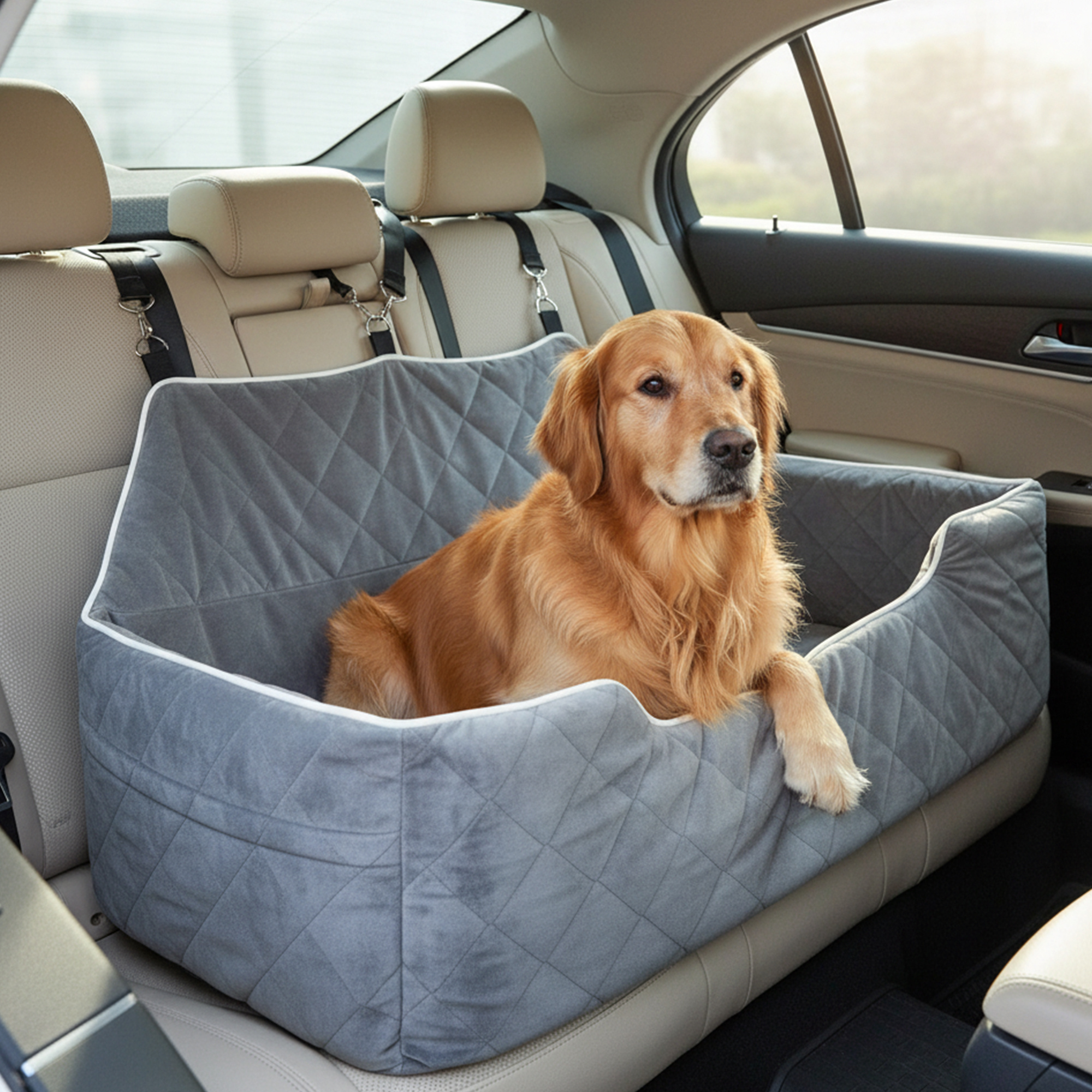 TEMU Advwin Dog Car Seat For Medium & Large Dogs, Memory Foam Cushion, Washable Cover, Safety Straps & Non-slip Base