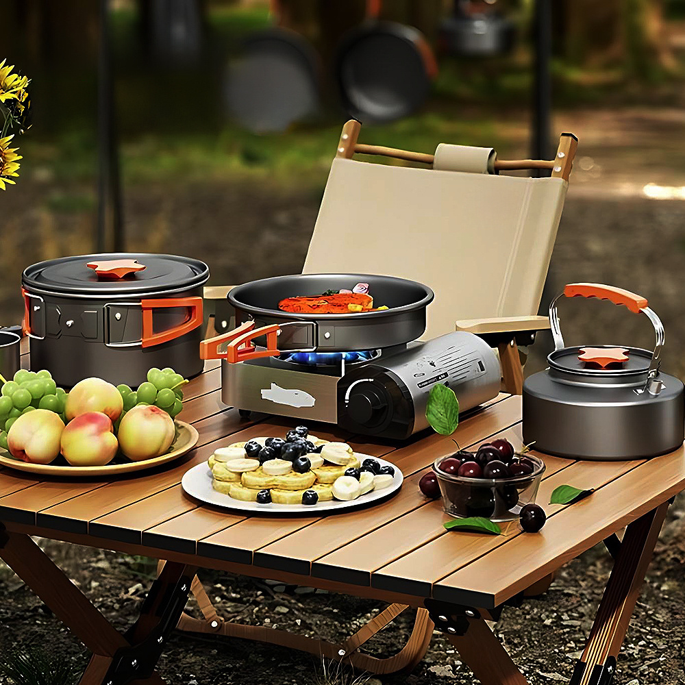 9pcs Multi-Function Outdoor Camping Cookware Set | Foldable Handle Cooking Pot/Frying Pan/Kettle with Accessories, Ideal for Multiple Users | Space-Saving Design, Perfect for Backpacking, RV & Hiking, Compact & Lightweight, Essential for Hiking, Picnic, Backpacking - Includes Pot, Frying Pan, Kettle, Plastic Bowls, Plastic Spatula, ladle, Scouring Pad, and Mesh Storage Bag - Perfect for 2-3 people