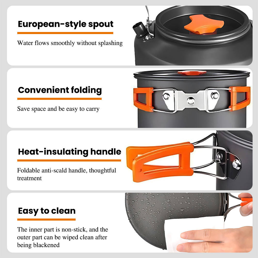 9pcs Multi-Function Outdoor Camping Cookware Set | Foldable Handle Cooking Pot/Frying Pan/Kettle with Accessories, Ideal for Multiple Users | Space-Saving Design, Perfect for Backpacking, RV & Hiking, Compact & Lightweight, Essential for Hiking, Picnic, Backpacking - Includes Pot, Frying Pan, Kettle, Plastic Bowls, Plastic Spatula, ladle, Scouring Pad, and Mesh Storage Bag - Perfect for 2-3 people