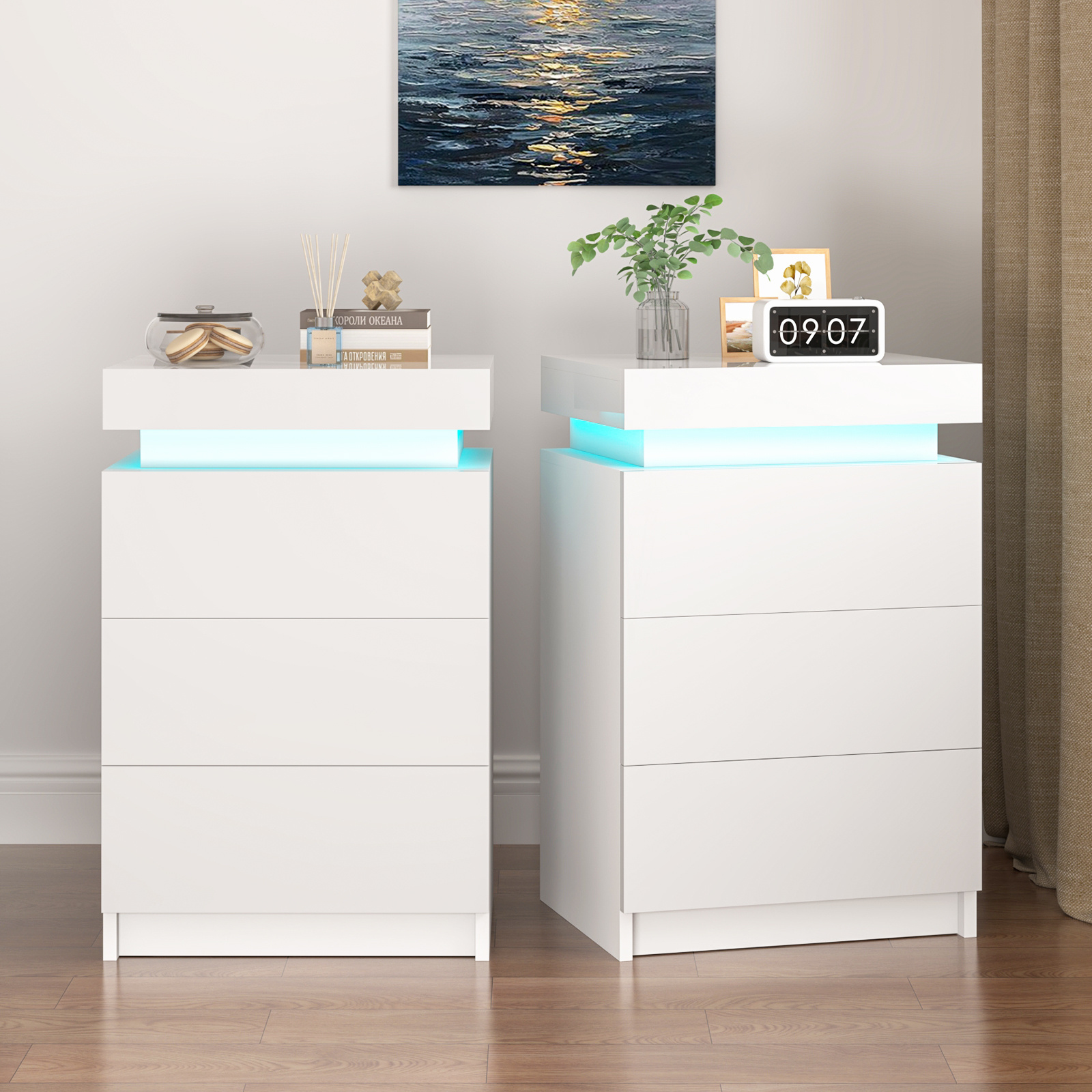 TEMU Advwin 2-pack Led Bedside Table, Nightstand With Lift Up Storage And 3 Drawers, High Gloss Cabinet For Bedroom Living Room Furniture