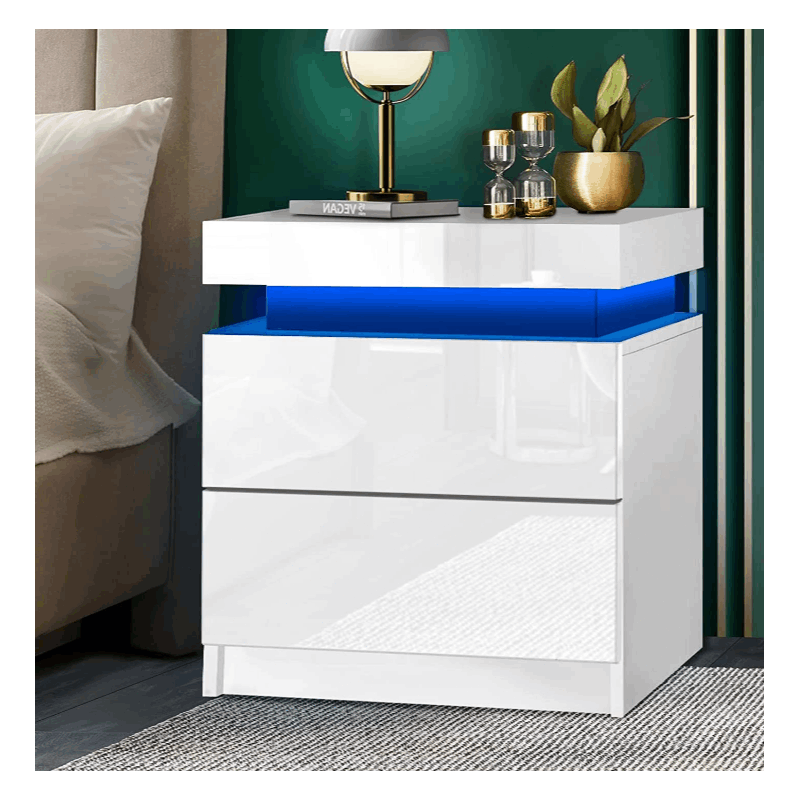 TEMU Advwin Led Bedside Table, Nightstand With Lift Up Storage And 2 Drawers, High Gloss Cabinet For Bedroom Living Room Furniture, White/black