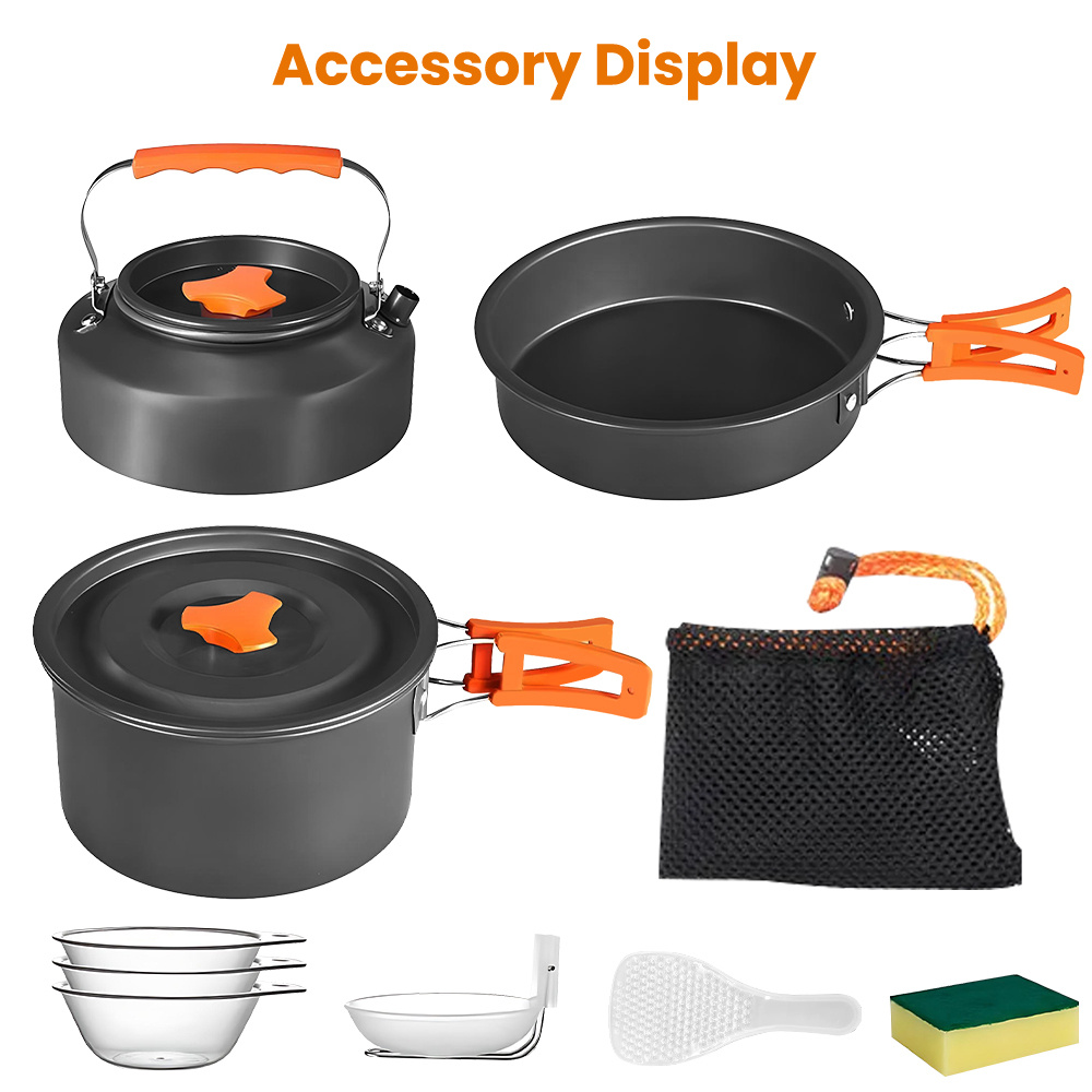 9pcs Multi-Function Outdoor Camping Cookware Set | Foldable Handle Cooking Pot/Frying Pan/Kettle with Accessories, Ideal for Multiple Users | Space-Saving Design, Perfect for Backpacking, RV & Hiking, Compact & Lightweight, Essential for Hiking, Picnic, Backpacking - Includes Pot, Frying Pan, Kettle, Plastic Bowls, Plastic Spatula, ladle, Scouring Pad, and Mesh Storage Bag - Perfect for 2-3 people
