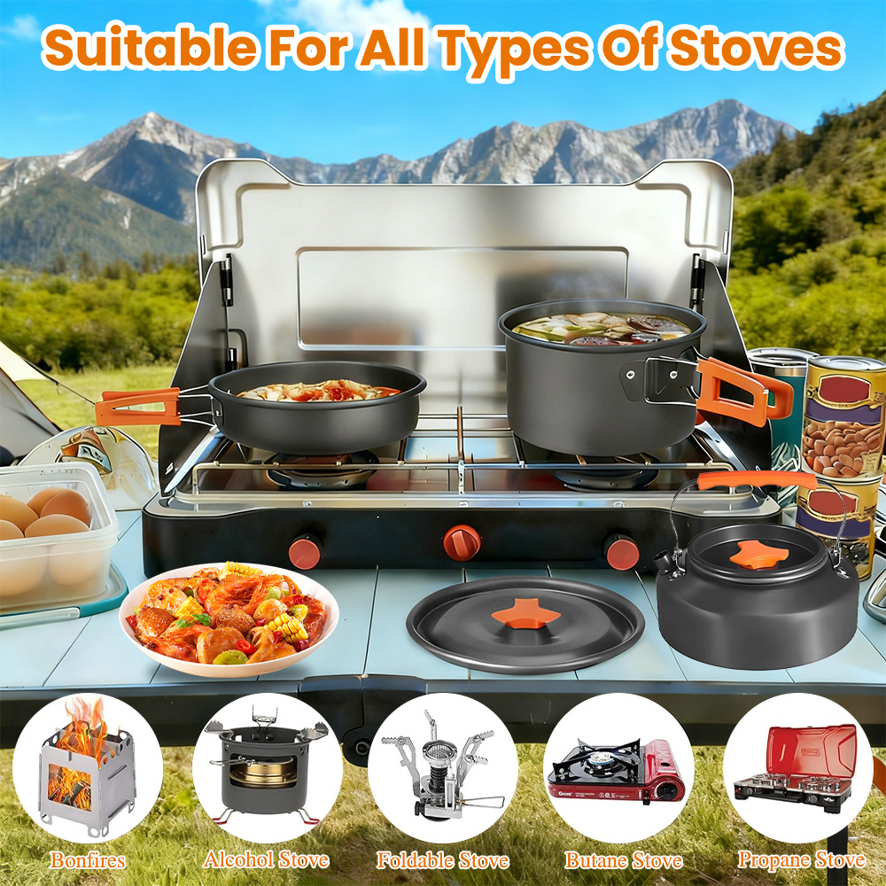 9pcs Multi-Function Outdoor Camping Cookware Set | Foldable Handle Cooking Pot/Frying Pan/Kettle with Accessories, Ideal for Multiple Users | Space-Saving Design, Perfect for Backpacking, RV & Hiking, Compact & Lightweight, Essential for Hiking, Picnic, Backpacking - Includes Pot, Frying Pan, Kettle, Plastic Bowls, Plastic Spatula, ladle, Scouring Pad, and Mesh Storage Bag - Perfect for 2-3 people