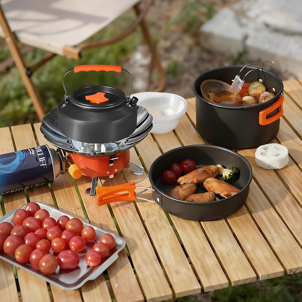 9pcs Multi-Function Outdoor Camping Cookware Set | Foldable Handle Cooking Pot/Frying Pan/Kettle with Accessories, Ideal for Multiple Users | Space-Saving Design, Perfect for Backpacking, RV & Hiking, Compact & Lightweight, Essential for Hiking, Picnic, Backpacking - Includes Pot, Frying Pan, Kettle, Plastic Bowls, Plastic Spatula, ladle, Scouring Pad, and Mesh Storage Bag - Perfect for 2-3 people