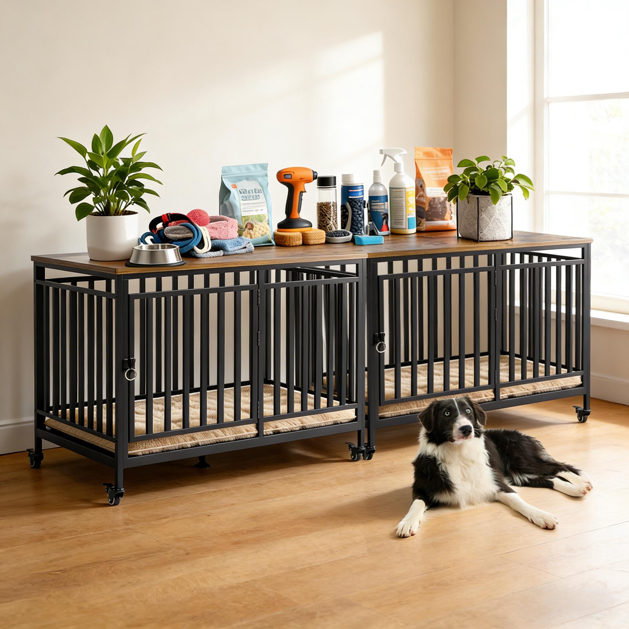 TEMU 2pcs Wooden Dog Crate Furniture With Wheels, Heavy Duty Chew Proof Metal Tube Pet House For Large Dogs