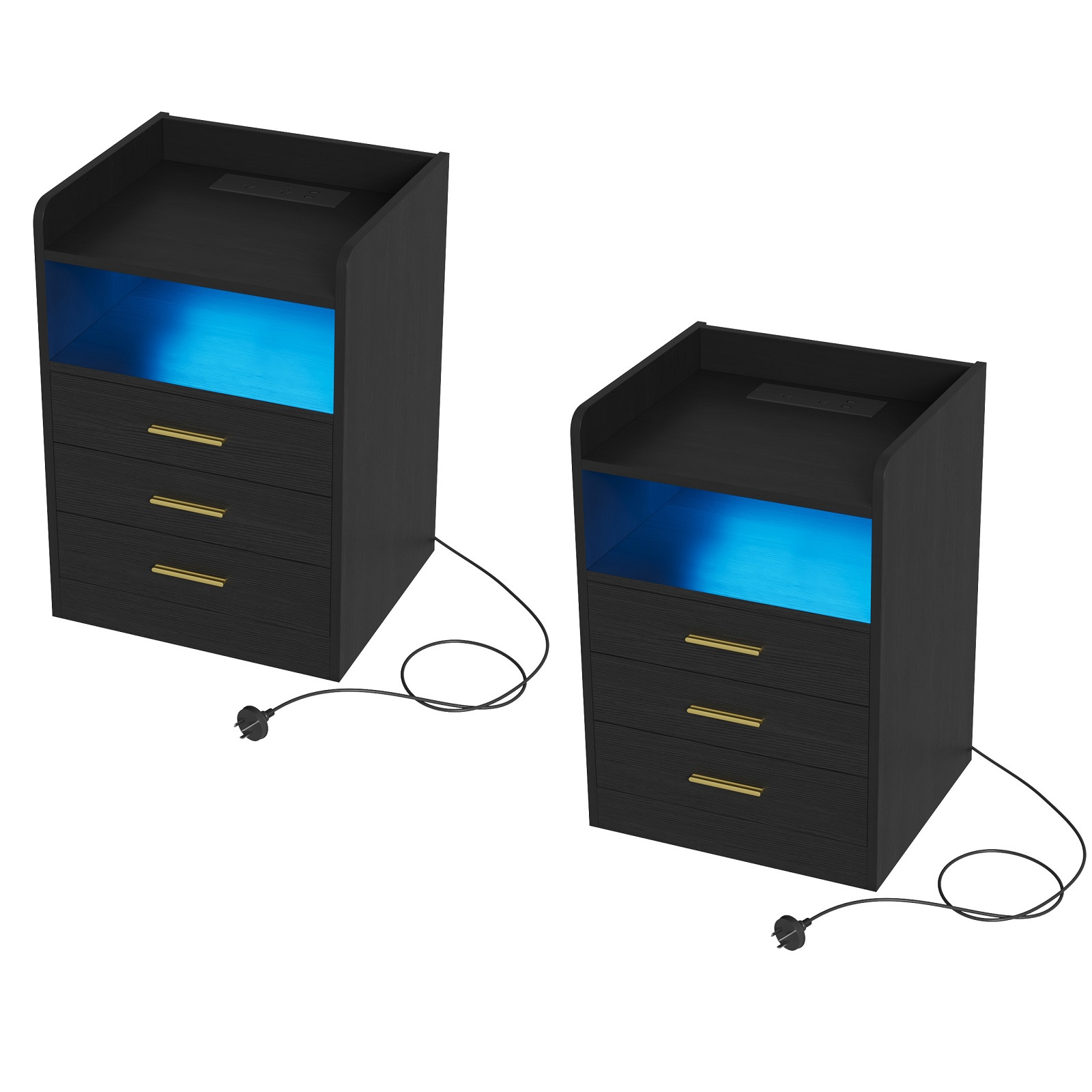 TEMU Advwin 2-pack Bedside Drawers Wooden Chest Of Drawers With Storage Shelf Led Nightstand With Charging Station And Usb Port /walnut