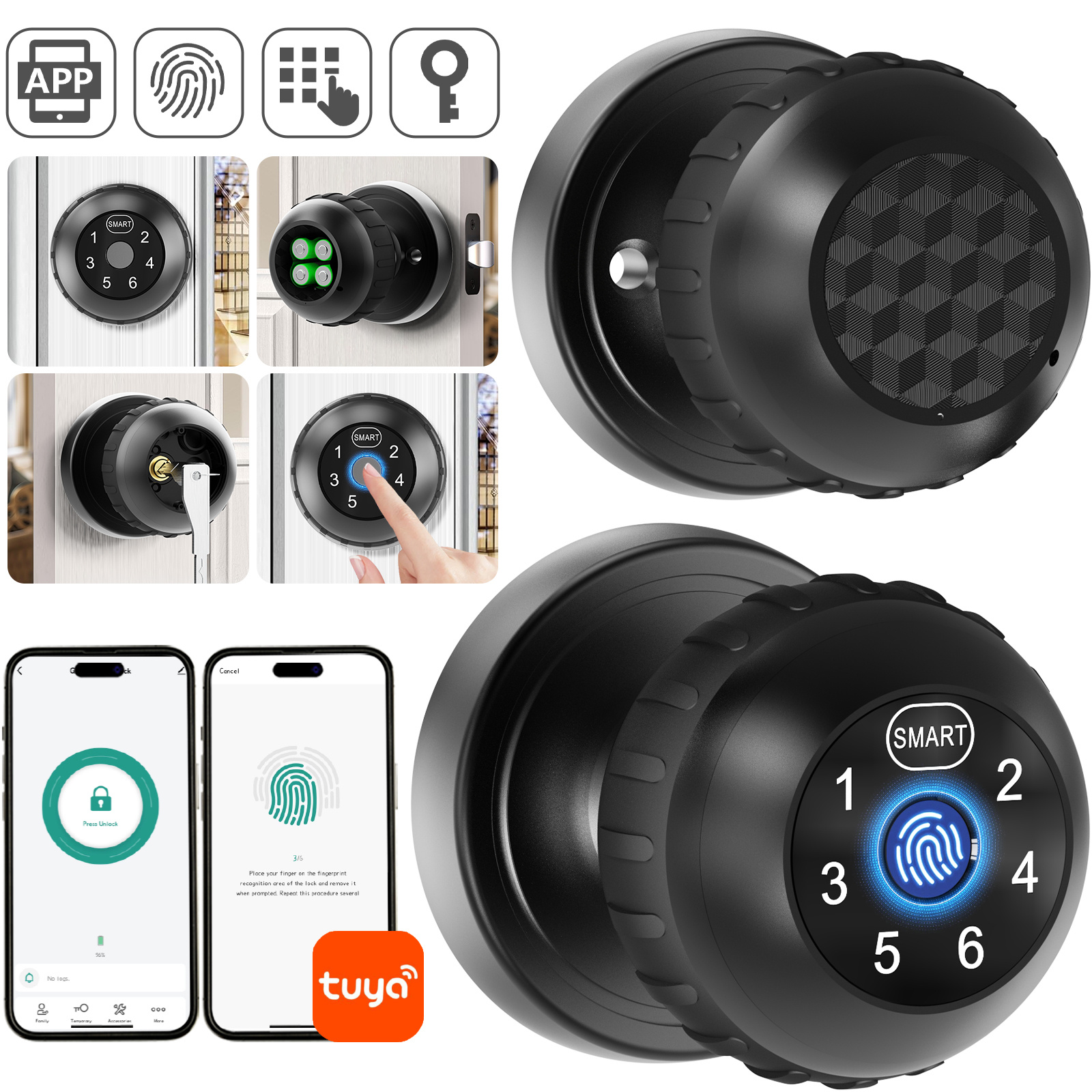 TEMU Fingerprint Door Knob, Smart Door Lock With Keypad, Keyless Door Knob With Lock For Bedroom, Home, Office, Black