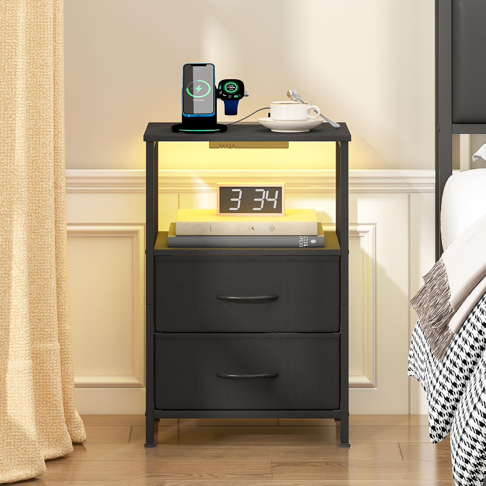 TEMU Advwin Bedside Table 2 Fabric Drawers Wooden, Led Nightstand With Charging Station And Usb Port, Chest Of Drawers With Storage Shelf, Brown