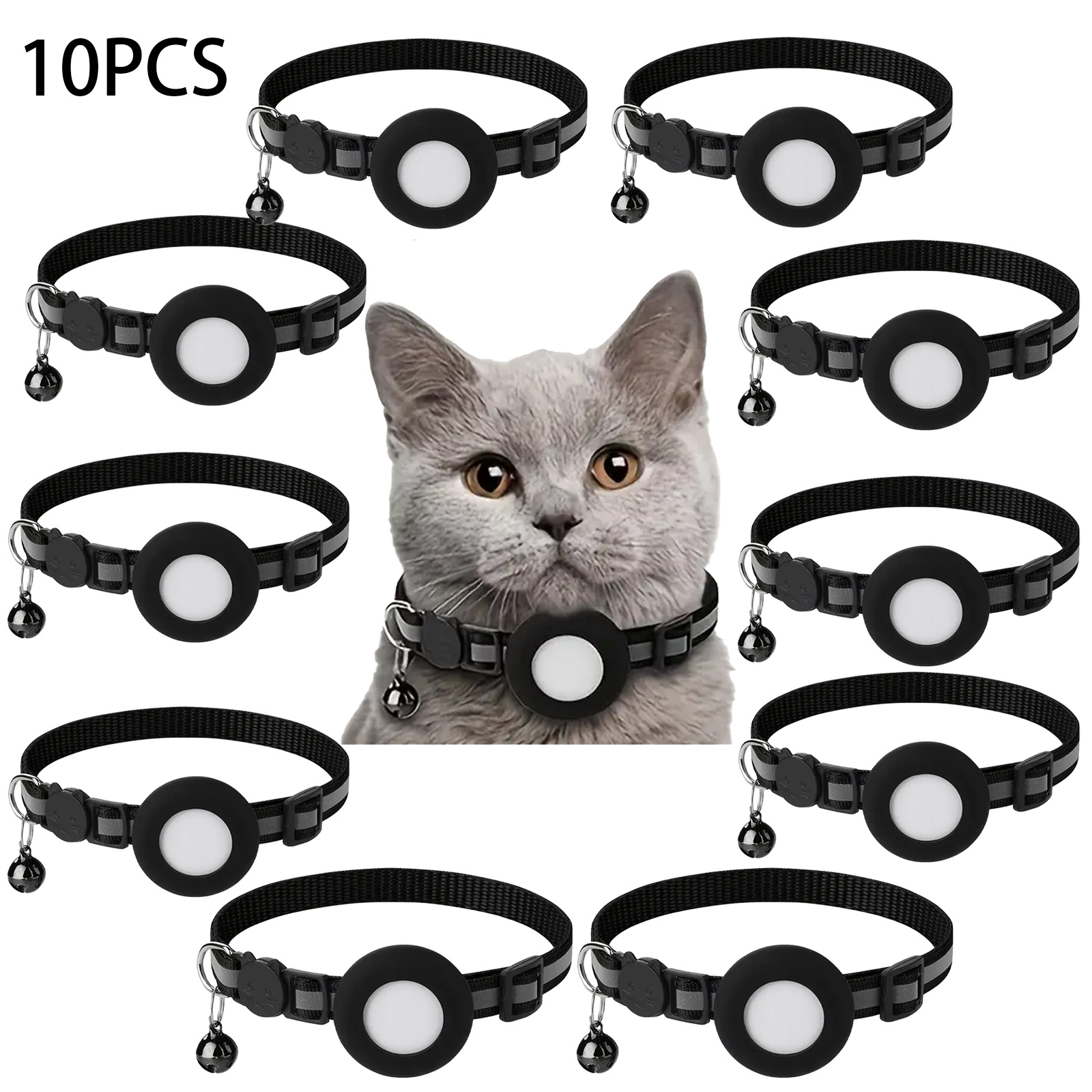N.GRACIA 10PCS-Trackable Cat Collar with Airtag Holder - Reflective -Loss Collar, Detachable Bell, Compatible with iPhone, Nylon Pet ID Tag for Indoor/Outdoor Cats - Ideal Gift for Pet Owners, Detachable Cat Collar, Large Cat Collars for Indoor Cats, Collar for Cats, Cat Friendly Collar, Cat Collar, Waterproof Case, Safetyconscious Owners