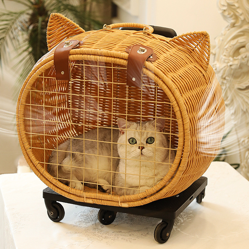 Handwoven Rattan Pet Stroller, Portable Handwoven Pet Rolling Luggage, Outdoor Pet Trolley Case w/ Wheels and Telescopic Handle (Brown)