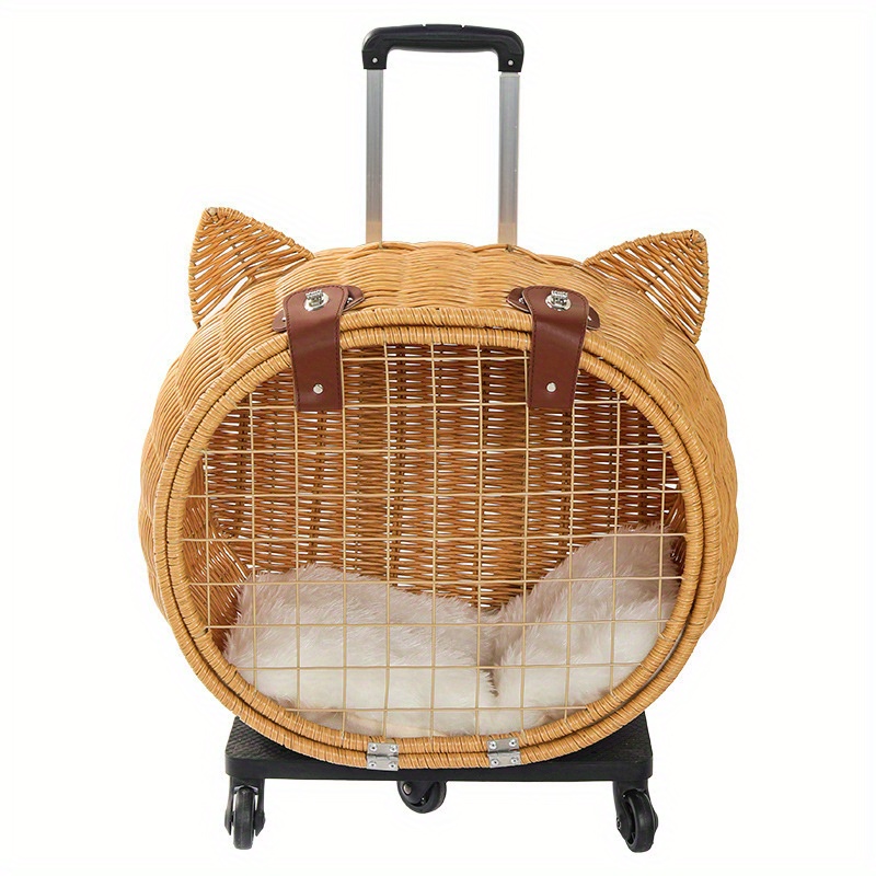 Handwoven Rattan Pet Stroller, Portable Handwoven Pet Rolling Luggage, Outdoor Pet Trolley Case w/ Wheels and Telescopic Handle (Brown)