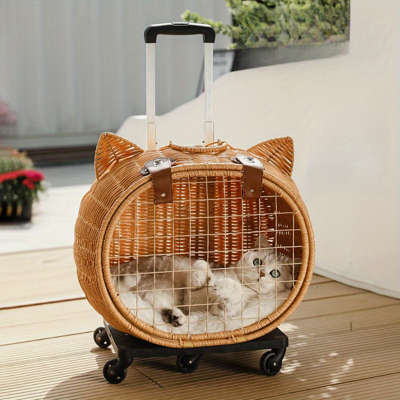 Handwoven Rattan Pet Stroller, Portable Handwoven Pet Rolling Luggage, Outdoor Pet Trolley Case w/ Wheels and Telescopic Handle (Brown)