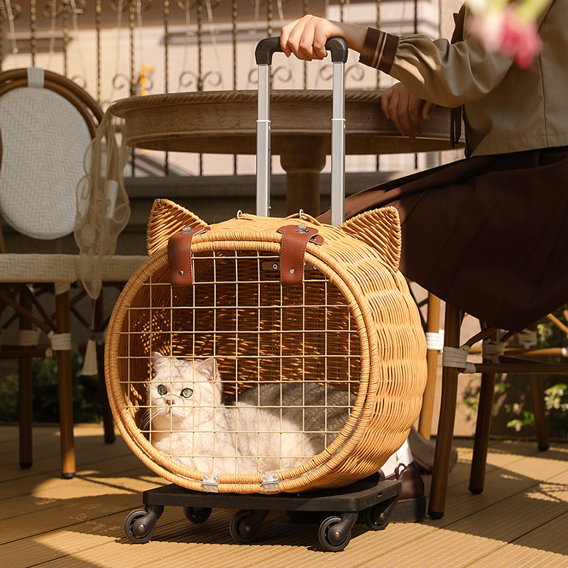 Handwoven Rattan Pet Stroller, Portable Handwoven Pet Rolling Luggage, Outdoor Pet Trolley Case w/ Wheels and Telescopic Handle (Brown)
