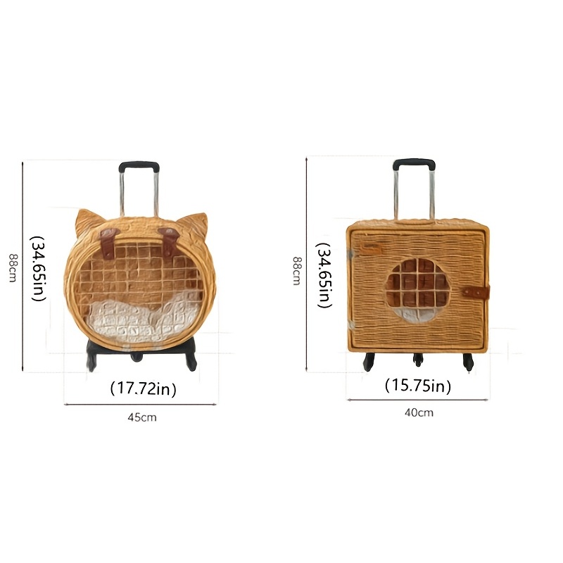 Handwoven Rattan Pet Stroller, Portable Handwoven Pet Rolling Luggage, Outdoor Pet Trolley Case w/ Wheels and Telescopic Handle (Brown) - Image 5