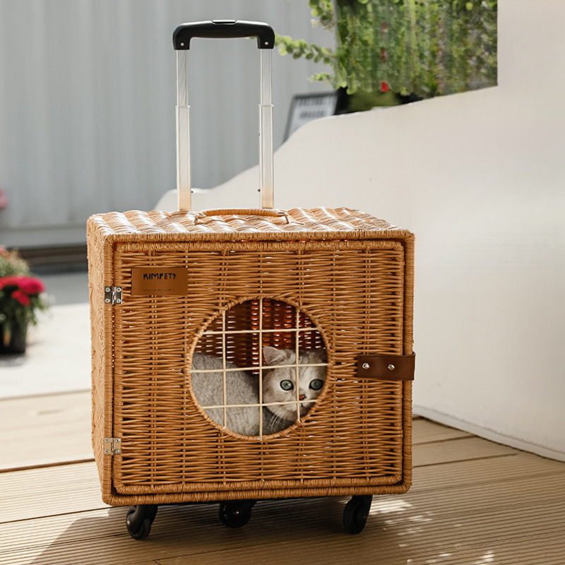 Handwoven Rattan Pet Stroller, Portable Handwoven Pet Rolling Luggage, Outdoor Pet Trolley Case w/ Wheels and Telescopic Handle (Brown)