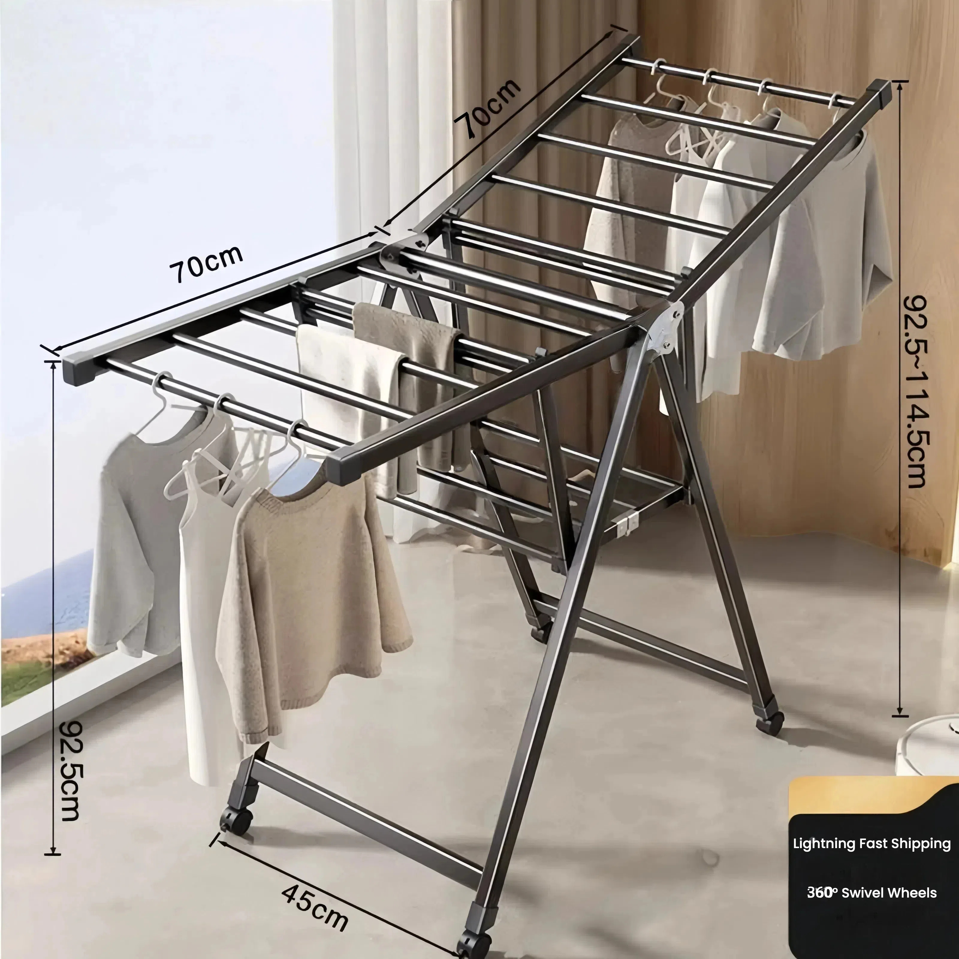 TEMU 1.4m Rust-resistant Foldable Double Layer Clothes Rack With Wheels, Heavy-duty Carbon Steel In Gunmetal Gray