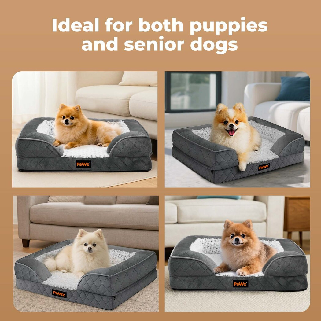 PaWz L XL XXL Orthopedic Dog Bed with Removable Washable Cover, Egg Crate Foam Mattress and Bolster Edge, Rose Velvet Pet Sofa Bed for Large and Medium Dogs, Non-Slip Base – Grey