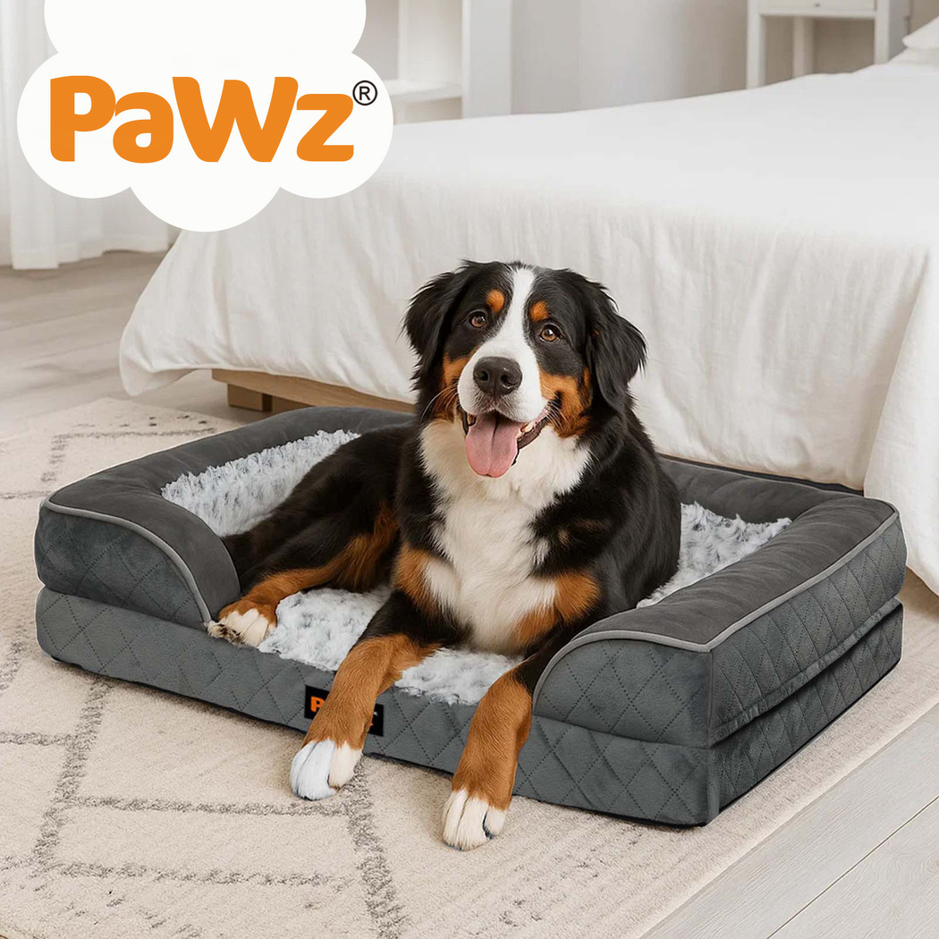 PaWz L XL XXL Orthopedic Dog Bed with Removable Washable Cover, Egg Crate Foam Mattress and Bolster Edge, Rose Velvet Pet Sofa Bed for Large and Medium Dogs, Non-Slip Base – Grey