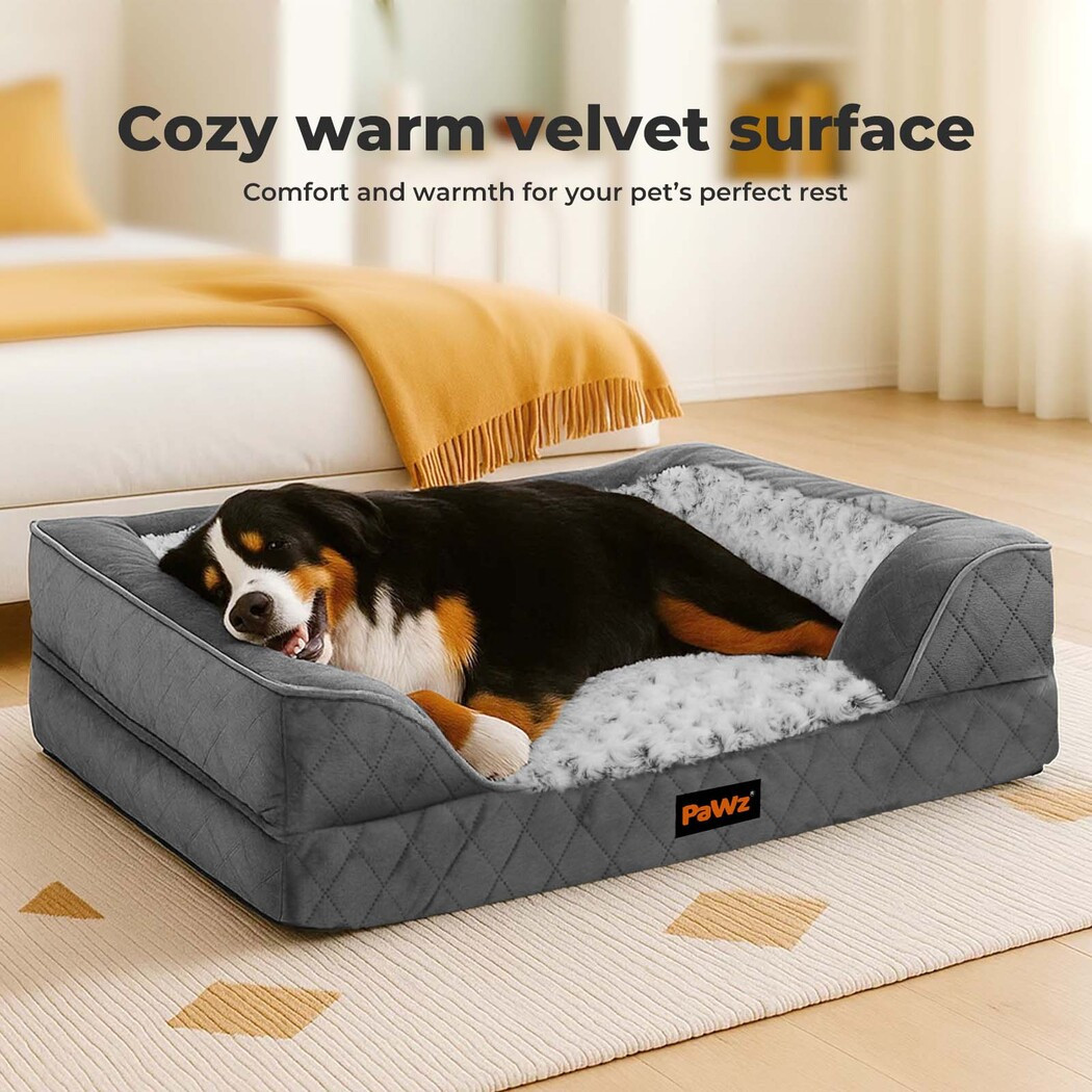 PaWz L XL XXL Orthopedic Dog Bed with Removable Washable Cover, Egg Crate Foam Mattress and Bolster Edge, Rose Velvet Pet Sofa Bed for Large and Medium Dogs, Non-Slip Base – Grey