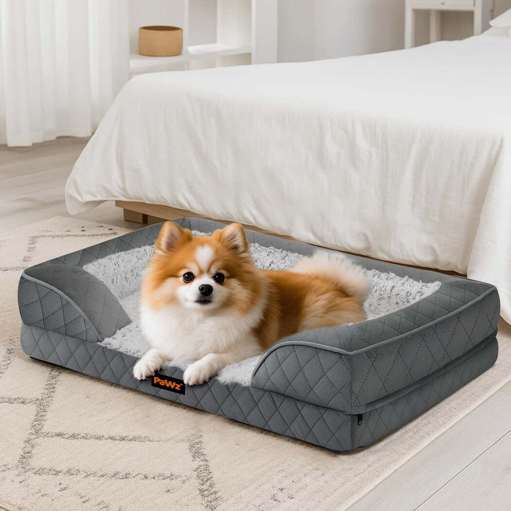 PaWz L XL XXL Orthopedic Dog Bed with Removable Washable Cover, Egg Crate Foam Mattress and Bolster Edge, Rose Velvet Pet Sofa Bed for Large and Medium Dogs, Non-Slip Base – Grey