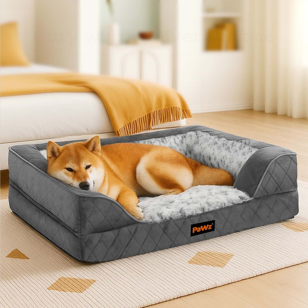 PaWz L XL XXL Orthopedic Dog Bed with Removable Washable Cover, Egg Crate Foam Mattress and Bolster Edge, Rose Velvet Pet Sofa Bed for Large and Medium Dogs, Non-Slip Base – Grey