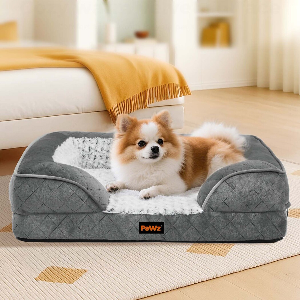 PaWz L XL XXL Orthopedic Dog Bed with Removable Washable Cover, Egg Crate Foam Mattress and Bolster Edge, Rose Velvet Pet Sofa Bed for Large and Medium Dogs, Non-Slip Base – Grey