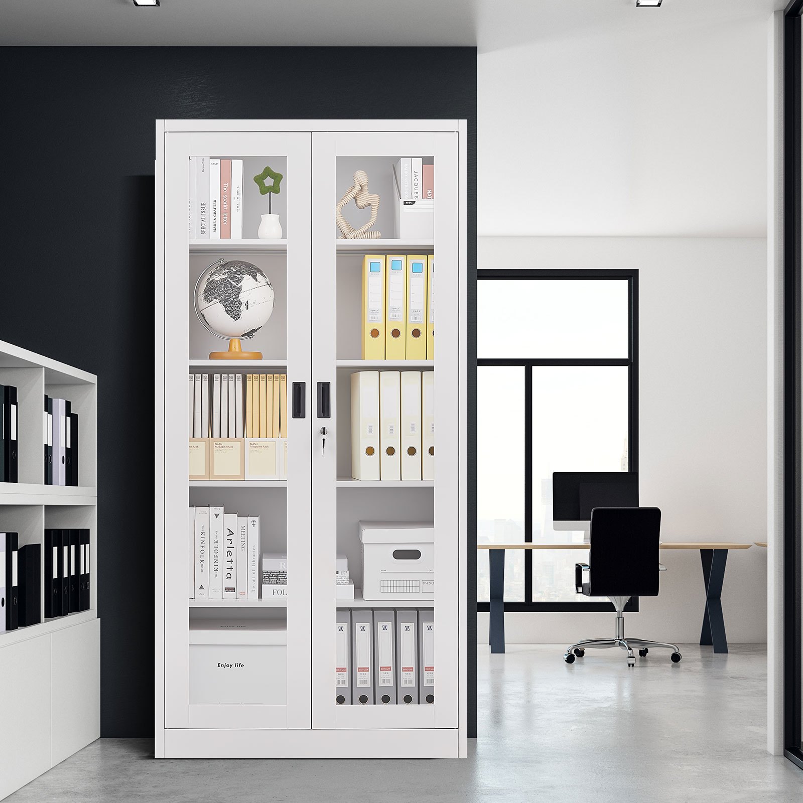   steel office cabinet filing storage shelf lockable tempered   2 door display cupboard garage rack file document folder school bookcase 185x90x40cm