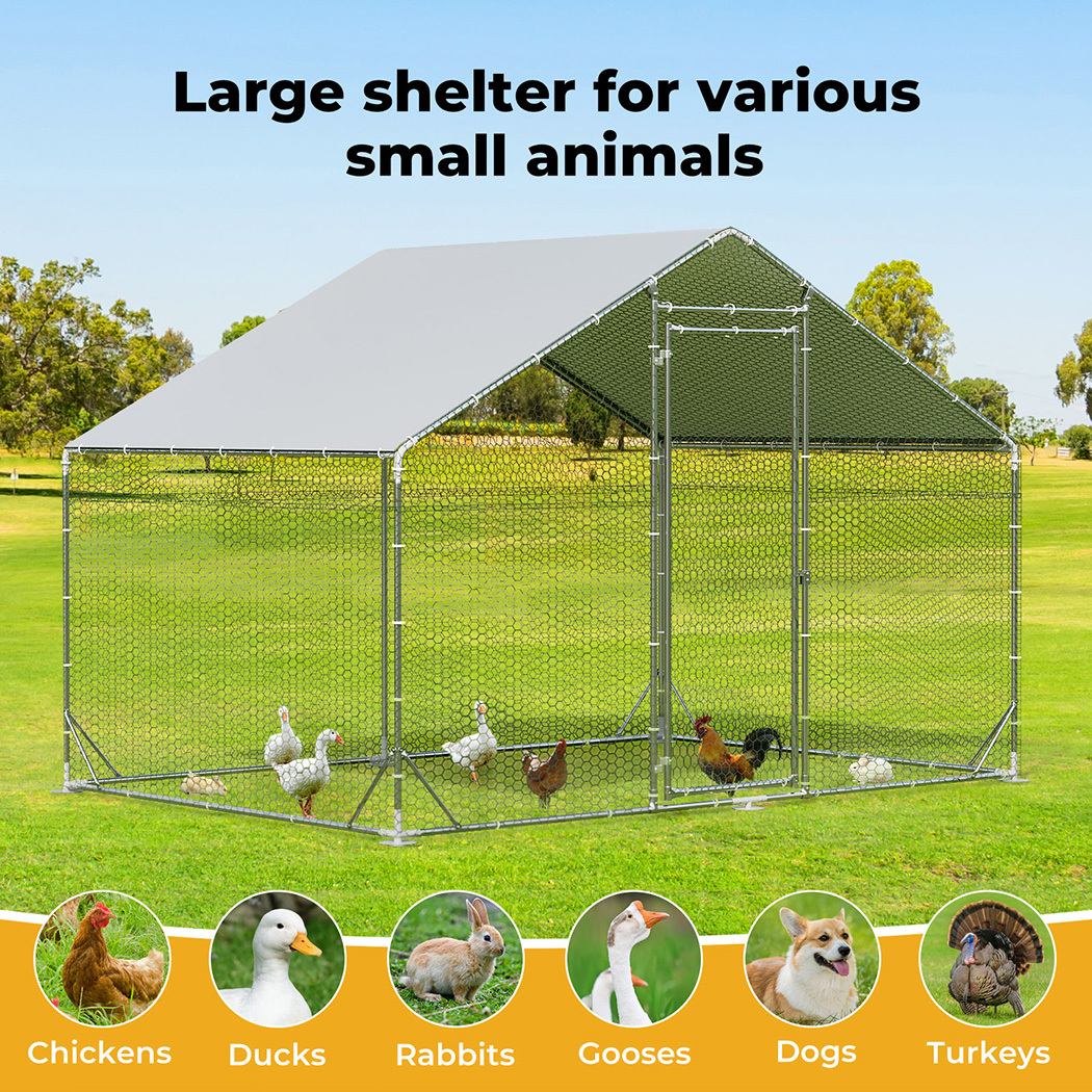   chicken coop large rabbit hutch pet cage thick galvanized metal   with waterproof sun protective cover walk in poultry house coops hen run ferret habitat farm enclosure 200x300x194cm Product details 1