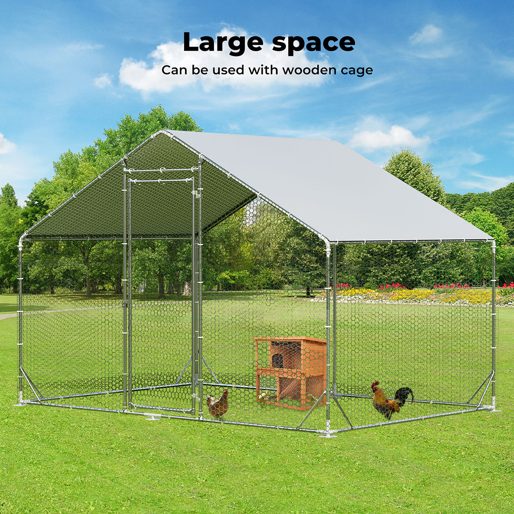  chicken coop large rabbit hutch pet cage thick galvanized metal   with waterproof sun protective cover walk in poultry house coops hen run ferret habitat farm enclosure 200x300x194cm Product details 8
