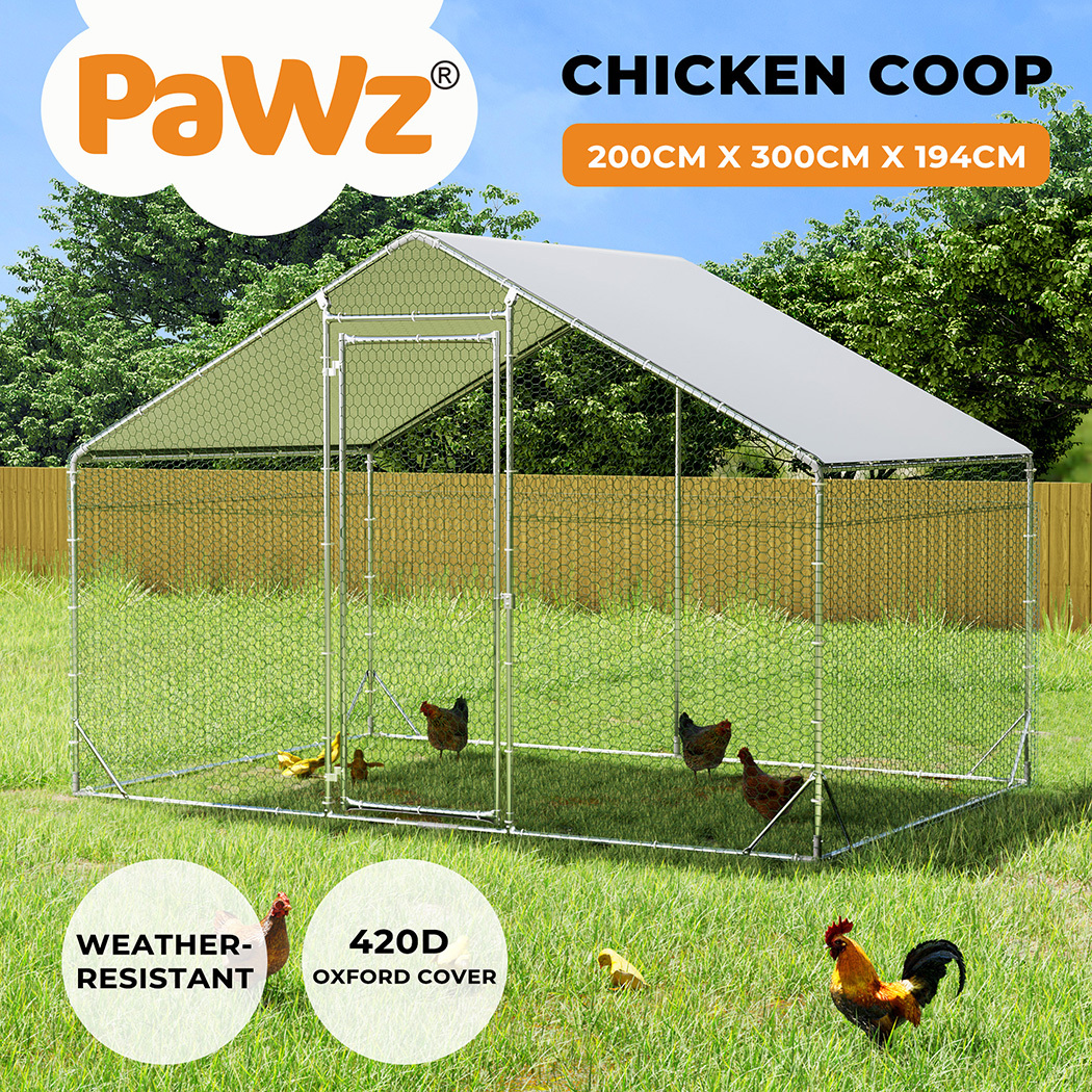   chicken coop large rabbit hutch pet cage thick galvanized metal   with waterproof sun protective cover walk in poultry house coops hen run ferret habitat farm enclosure 200x300x194cm Product details 0