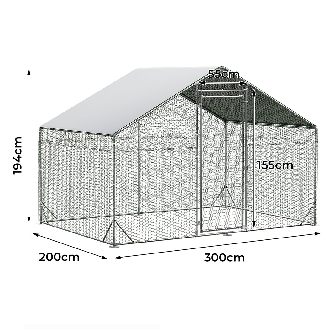   chicken coop large rabbit hutch pet cage thick galvanized metal   with waterproof sun protective cover walk in poultry house coops hen run ferret habitat farm enclosure 200x300x194cm Product details 9